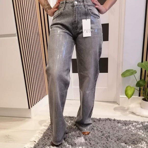 Size 4 | ZARA -RISE WIDE-LEG SEQUINED FOIL JEANS - Picture 13 of 13